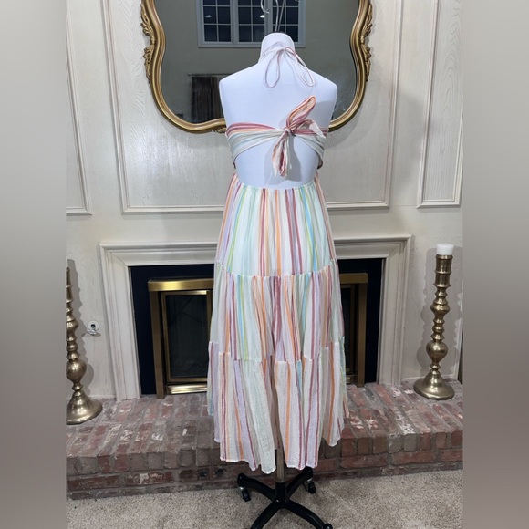 American Eagle Striped Ruched Halter Midi Dress | M | Cotton Lined Tiered - Picture 8 of 16